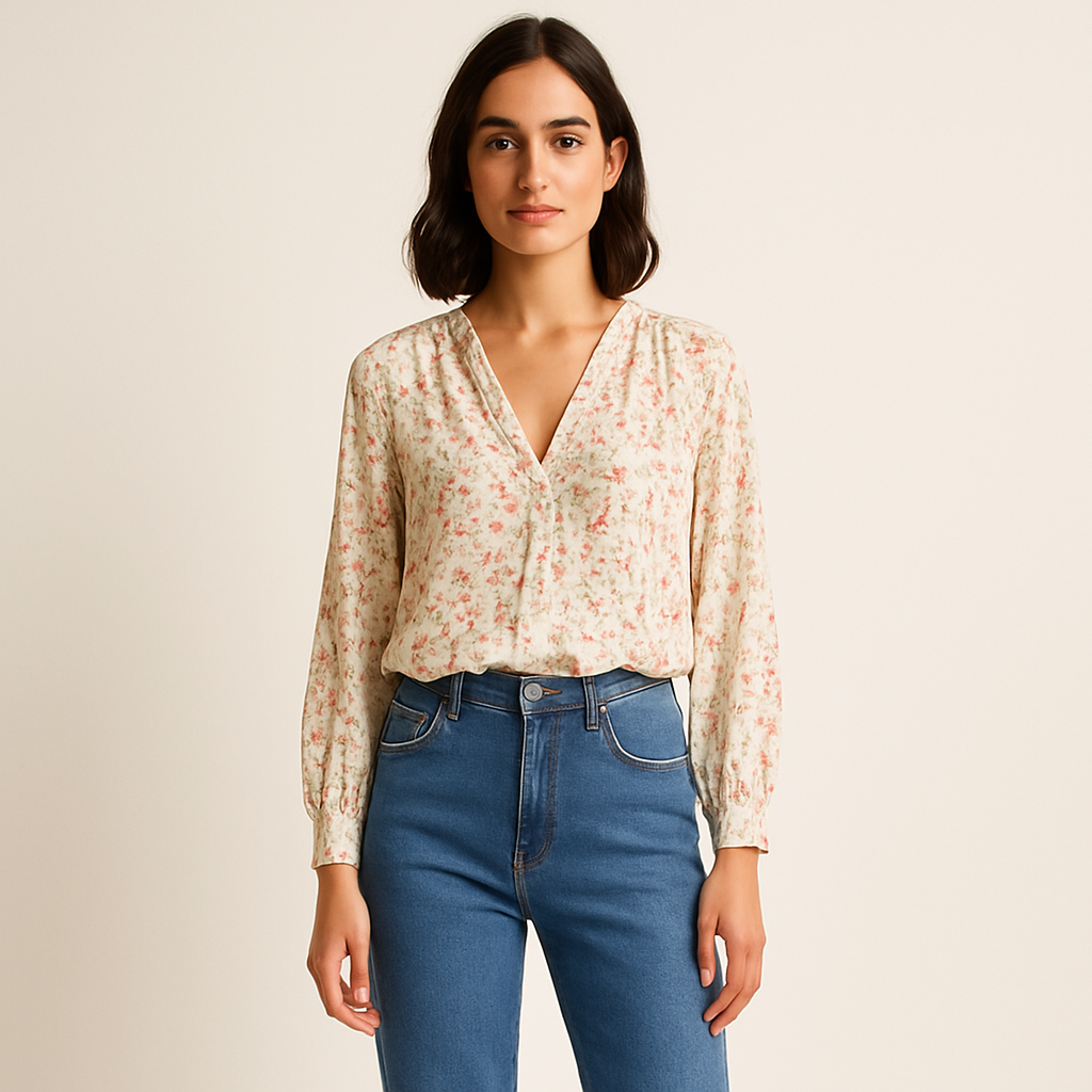 Blusa floral con escote en V y puños fruncidos