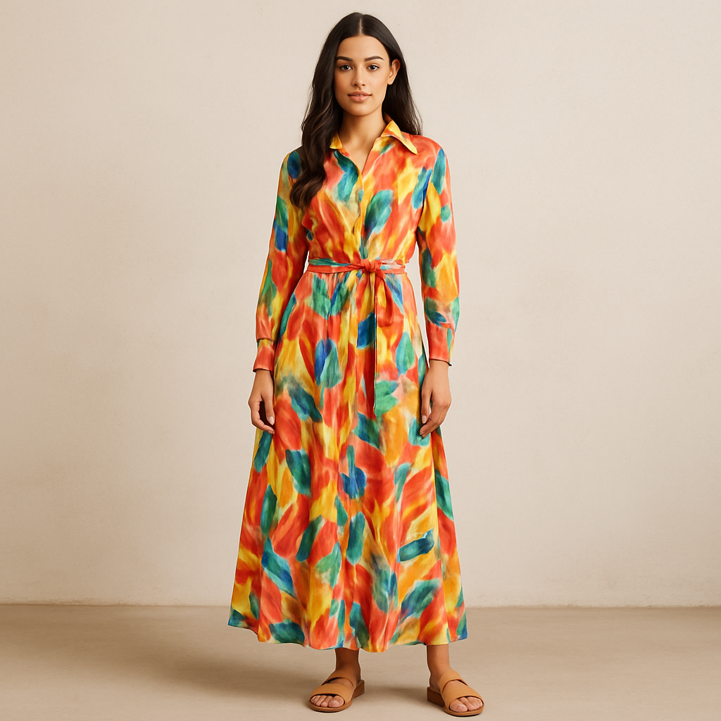 Vestido camisero maxi con estampado abstracto vibrante