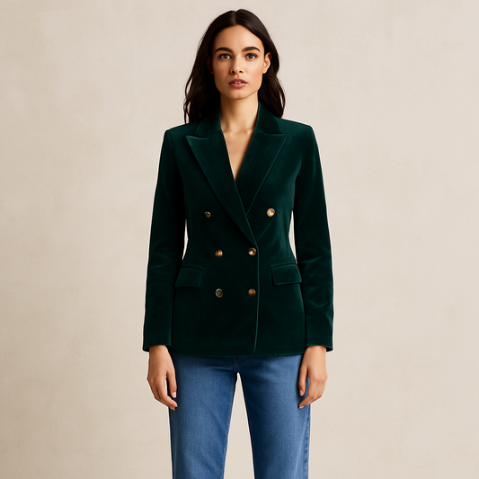 Blazer de terciopelo verde bosque con doble botonadura