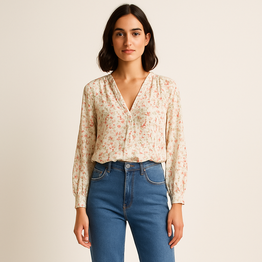 Blusa floral con escote en V y puños fruncidos