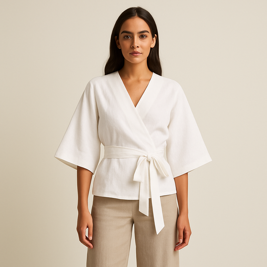 Blusa cruzada de lino blanco